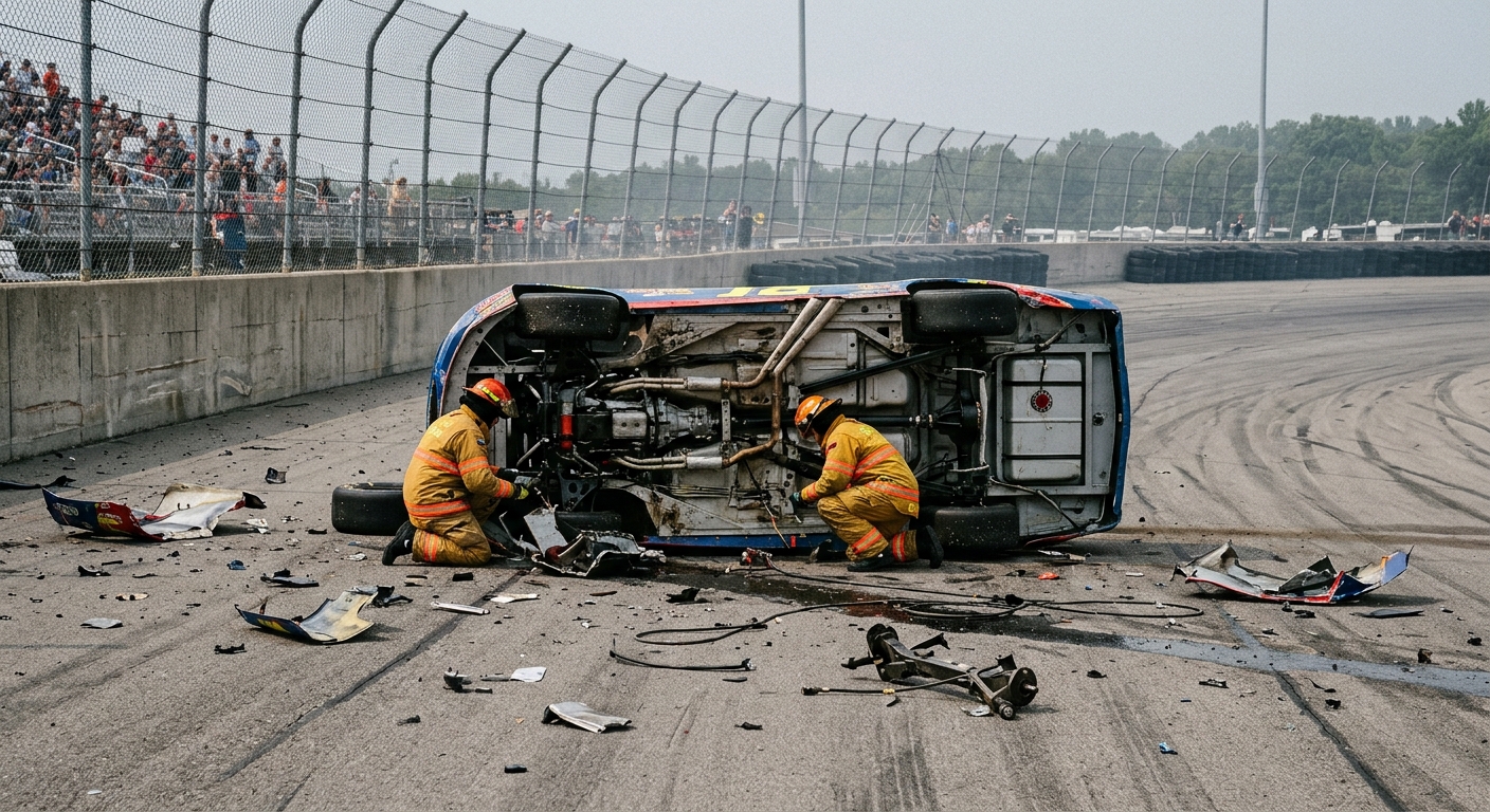 a severely damaged stock car resting upside-down on a wide asphalt race track, with safety crew members in heavy fire suits inspecting the undercarriage, scatte