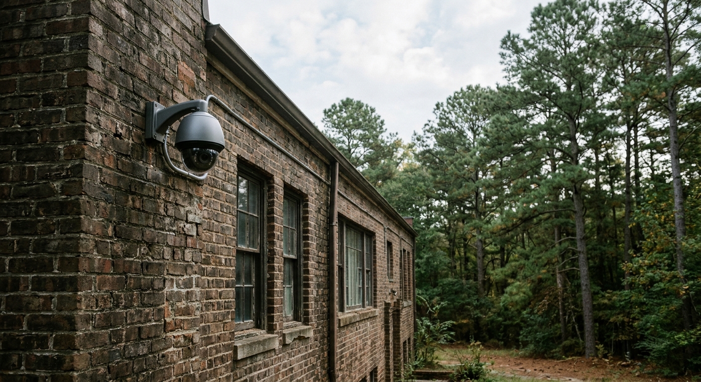 a modern security camera mounted on the side of a weathered brick school building, surrounded by tall pine trees under a hazy sky, natural everyday lighting, sh