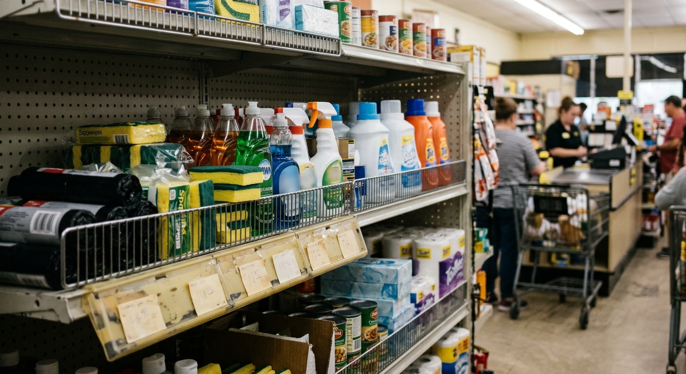 a close-up of a metal retail shelf stocked with basic household goods and slightly worn plastic price tag holders in a modest discount store, an out-of-focus ch
