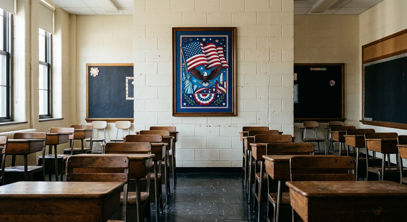 a framed poster featuring an American flag motif and patriotic symbols hanging on a painted cinderblock wall in an empty public school classroom, with rows of t