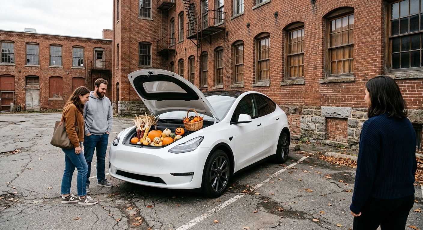 a modern electric vehicle parked on a paved lot near historic brick industrial buildings, with its front trunk open and filled with autumn pumpkins and Hallowee
