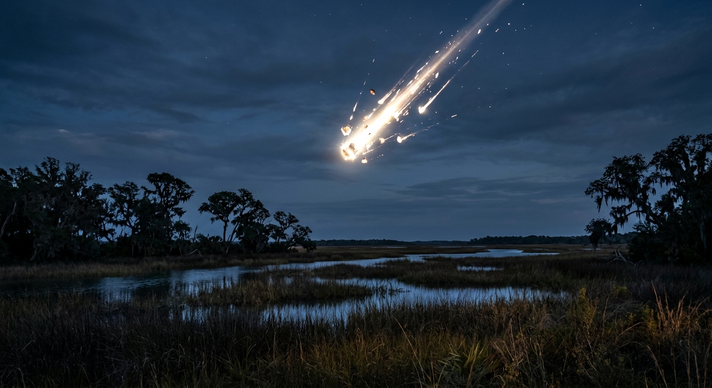 a bright glowing streak from falling space debris breaking apart in the early twilight sky, visible above a quiet coastal marsh with tall grass and silhouettes