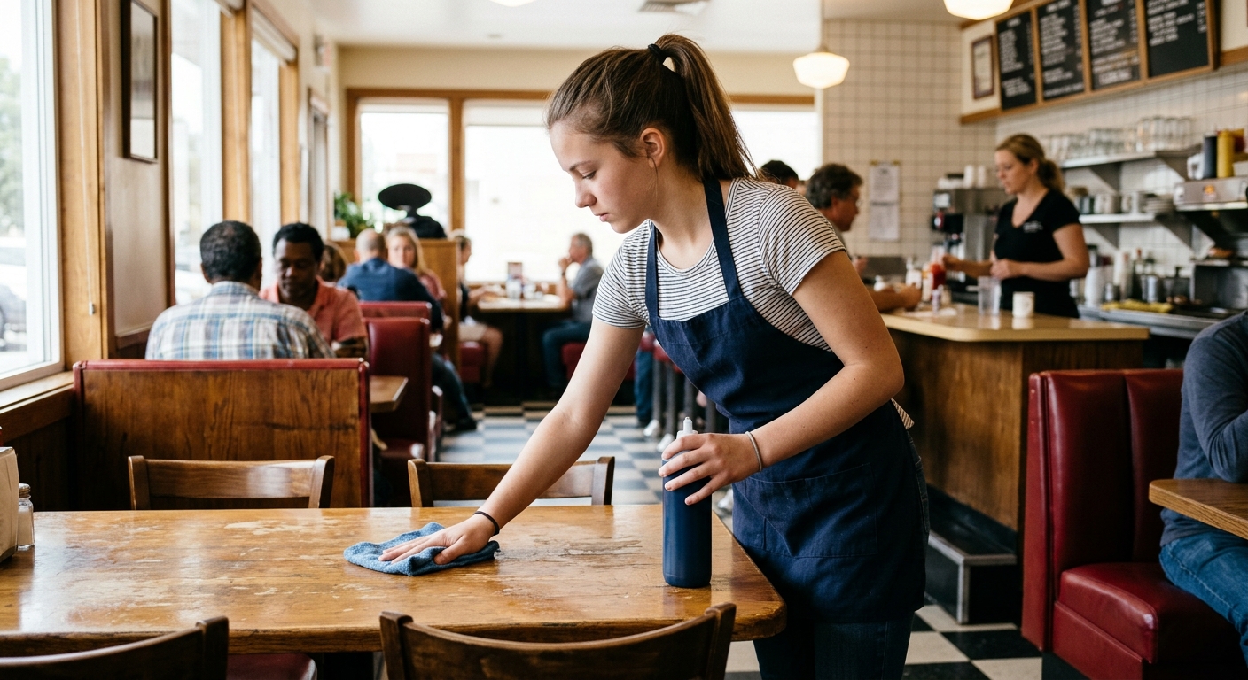a young high school student wearing a plain apron, carefully wiping down a wooden table in a modest, brightly lit community diner setting with classic diner boo