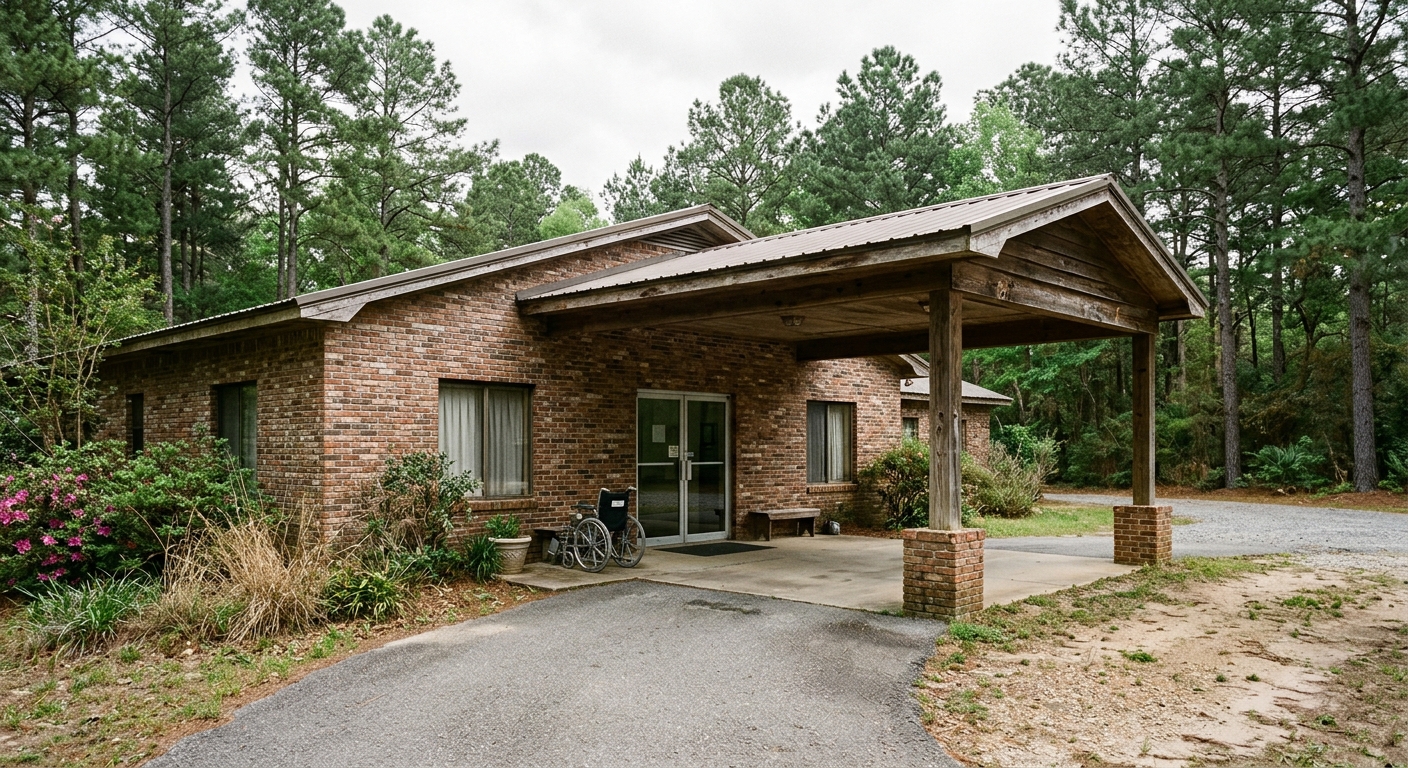 a modest, older brick rural health clinic with a covered drop-off area and an empty wheelchair resting near the glass doors, framed by tall pine trees, natural